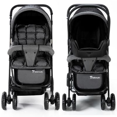 Teknum Reversible Trip Stroller + Infant Car Seat | Excellent Shocker | Forward & Parent Facing | Wide Canopy & Seat | 5 - Point Safety Harness | Reversible Handle | Golden Frame | Cup Holder | Big Basket | Easy To Fold | 6 - 36Months | Grey